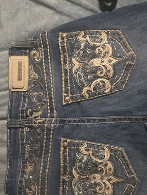 Sexy Couture Dark Blue Boot Cut Jeans with Tan Embroidery
